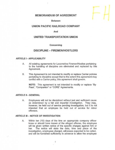 FIREMAN & HOSTLER DISCIPLINE AGREEMENT