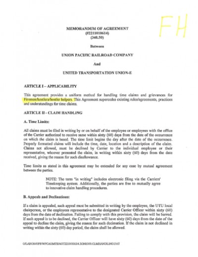 FIREMAN & HOSTLER TIME CLAIM AGREEMENT