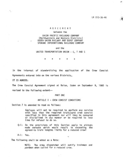 1985 CREW CONSIST SUPPLEMENTAL AGREEMENT