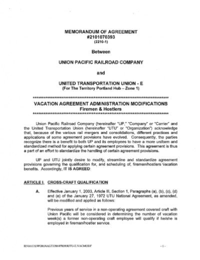 VACATION AGREEMENT ADMINISTRATION: PORTLAND HUB ZONE 1
