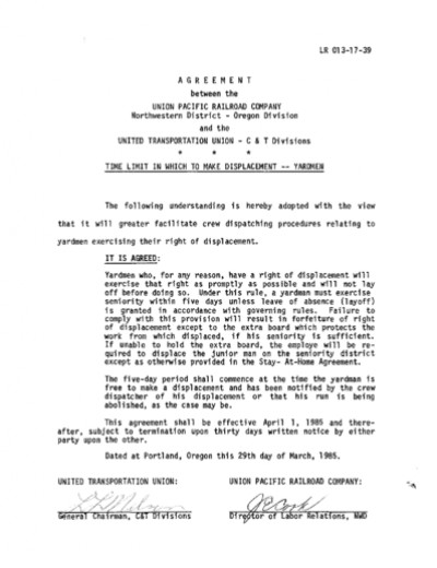 TIME LIMIT TO MAKE DISPLACEMENT: YARDMEN